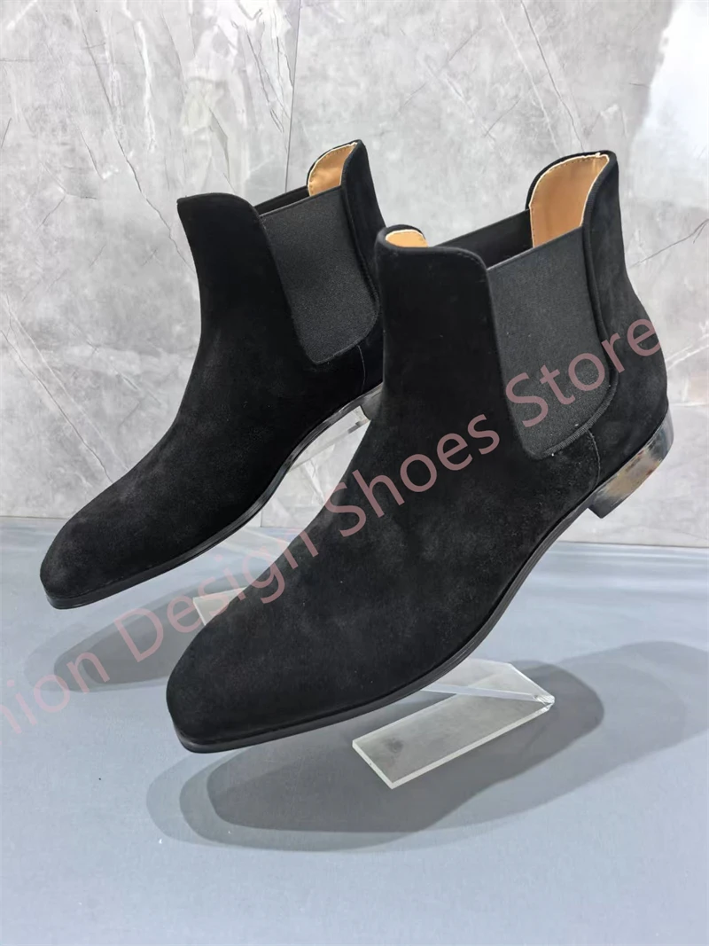 Stivaletti da uomo con fascia elastica Tacco basso in pelle scamosciata nera Street Style Primavera Novità in scarpe casual da uomo di grandi dimensioni 40-47