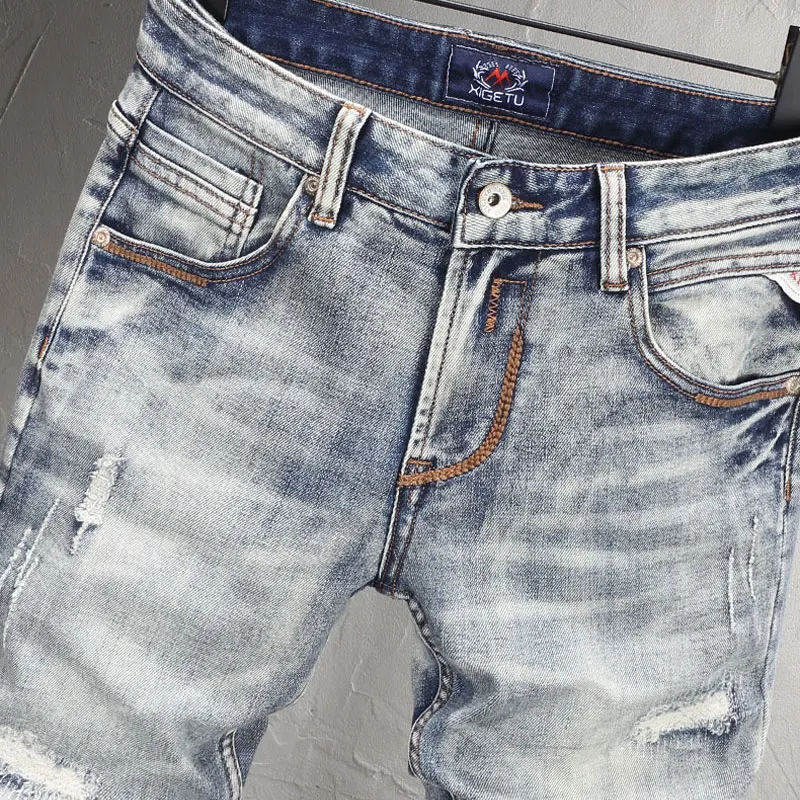 Fashion Vintage Men Jeans High Quality Retro Washed Blue Elastic Stretch Slim Fit Ripped Jeans Men Patched Designer Denim Pants