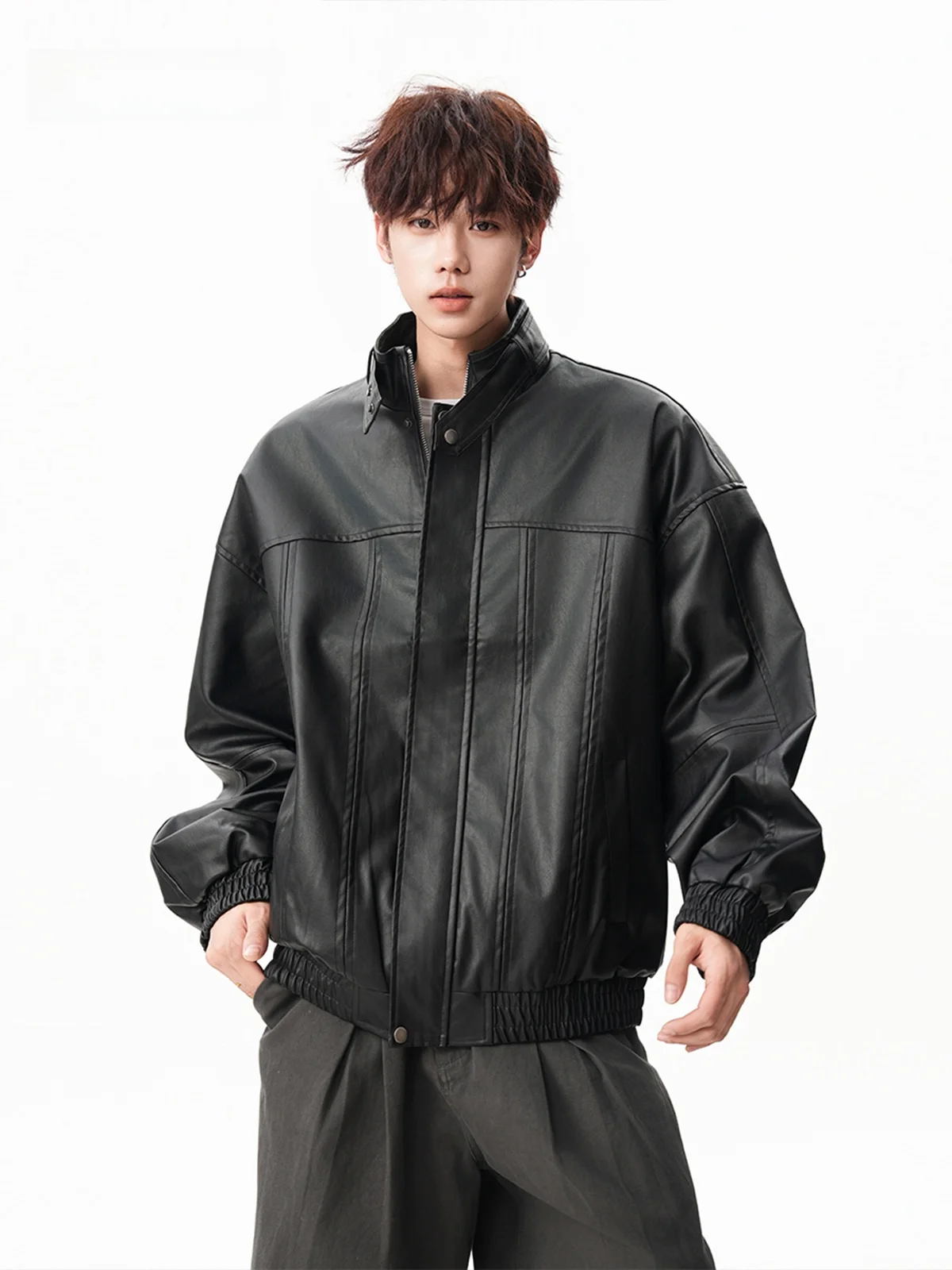 

Retro American Deconstructed PU Leather Jaet Loose Fit Stand Collar Motorcycle Clothes Outerwear for Men And Women