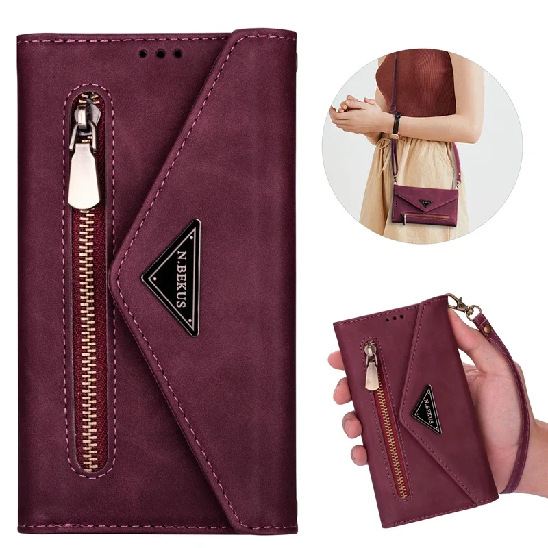 Zipper Wallet Case for Samsung Galaxy S24 S23 S22 S21 Ultra S20 FE Note Plus A12 A32 A52 A72 Crossbody Phone Bag Case Cover