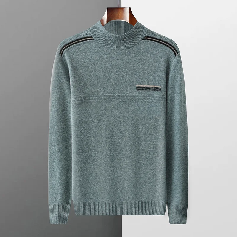 Autumn And Winter New 100% Pure Wool Semi-High Collar Men's Loose Thick Warm Knit Sweater Bottoming Shirt