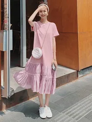 LANMREM Sweet Patchwork Dress For Women O-neck Short Sleeves Pink Color A-line Dresses Versatile 2024 Summer Clothing 2Z1155