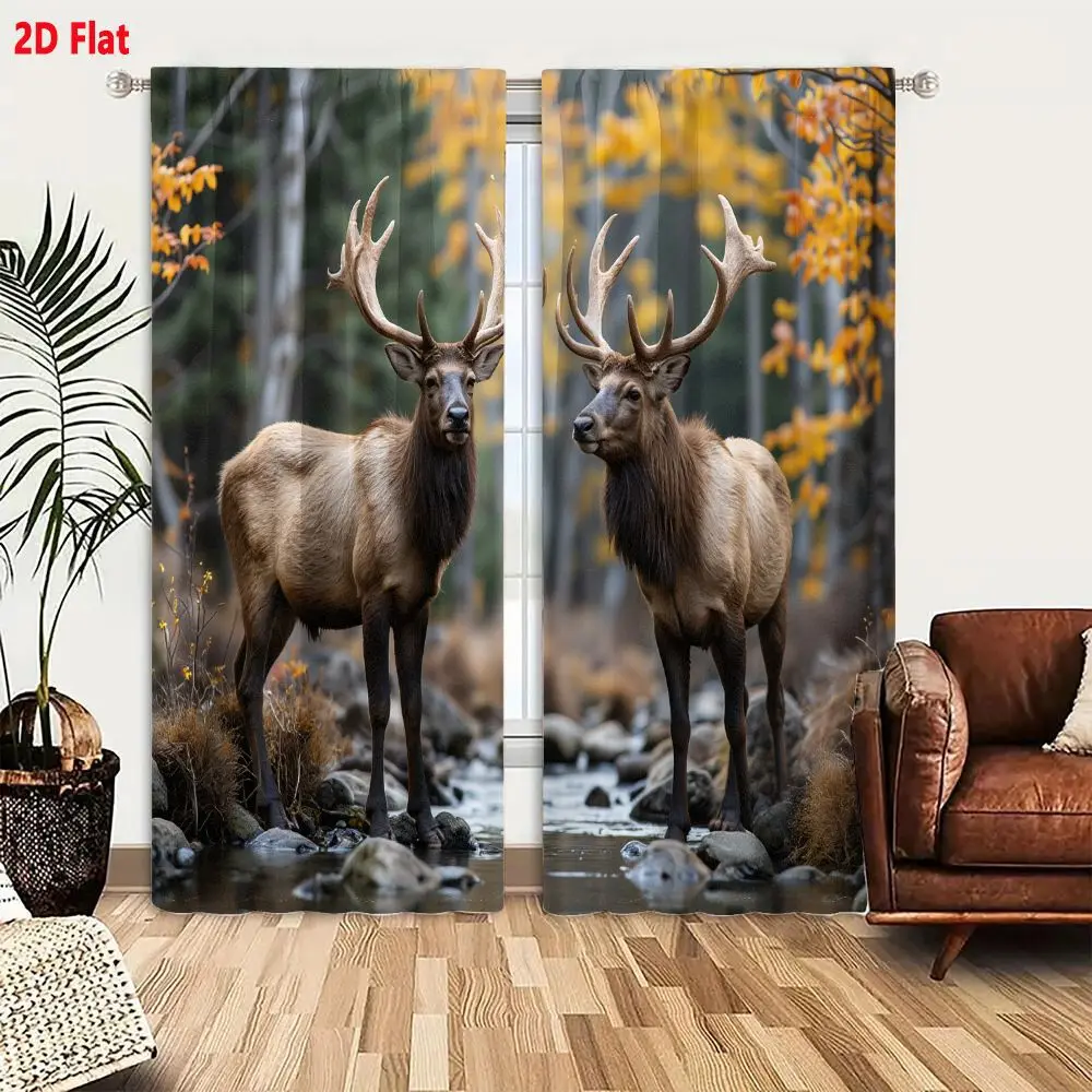 2Pcs Curtains 2D Flat Two Majestic Elk Stand Side By Side In A Shallow Rocky Stream During Autumn With Golden Aspen Trees And So