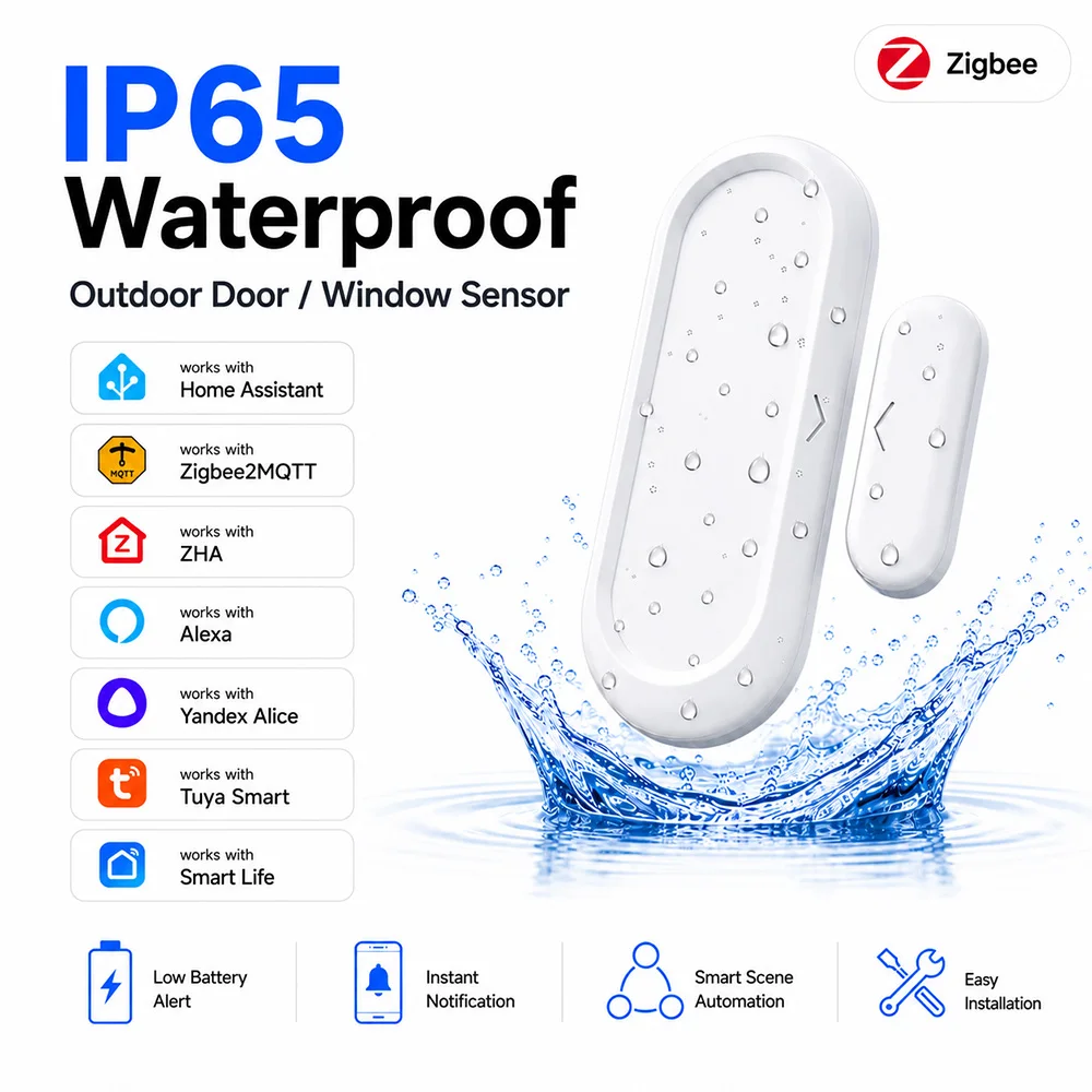 Waterproof Door Window Sensor IP65 Zigbee 3.0 Contact Sensor Zigbee Gateway Required Smart Home Work with Alexa Zigbee2MQTT ZHA