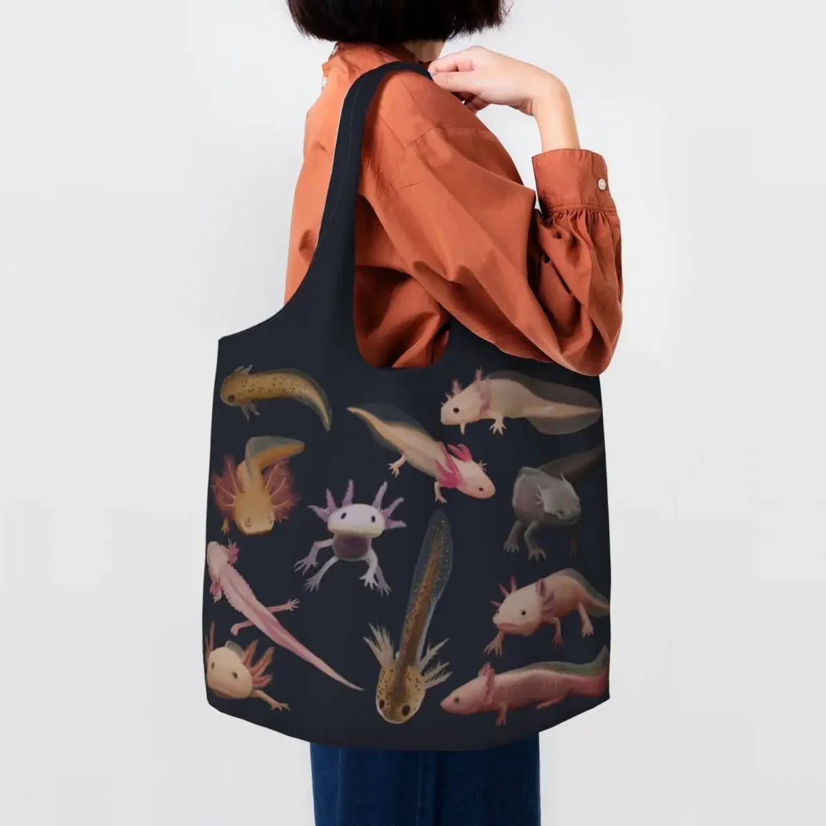 

Cut Axolotl Grocery Tote Shopping Bags Women Funny Salamander Animal Canvas Shopper Shoulder Bag Large Capacity Bags Handbags