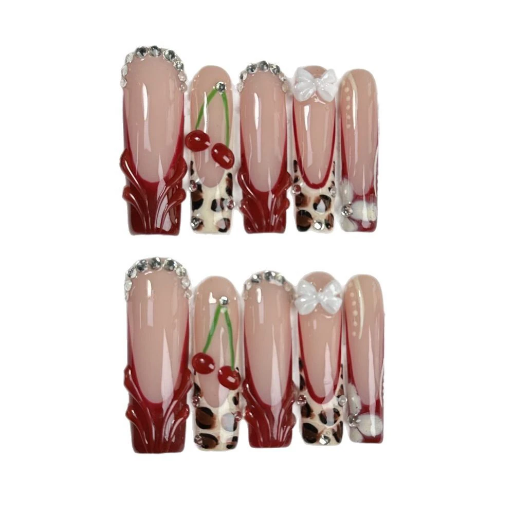 

Трансграничные квадратные типсы для ногтей с леопардовым принтом, красные вишневые накладные ногти ручной работы, носимые инструменты для дизайна ногтей из Китая