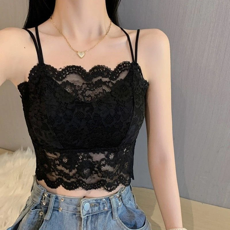 Sexy Sweet Floral Lace Trim Cropped Cami Top Women Spaghetti Strap Cross Back Built-in Bra Slim Fit Summer Casual Daily Outfit