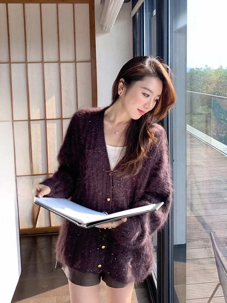 

Женский осенне-зимний кардиган из шерсти с пайетками и золотисто-серебристой нитью, мягкий, теплый, свободного кроя, с V-образным вырезом