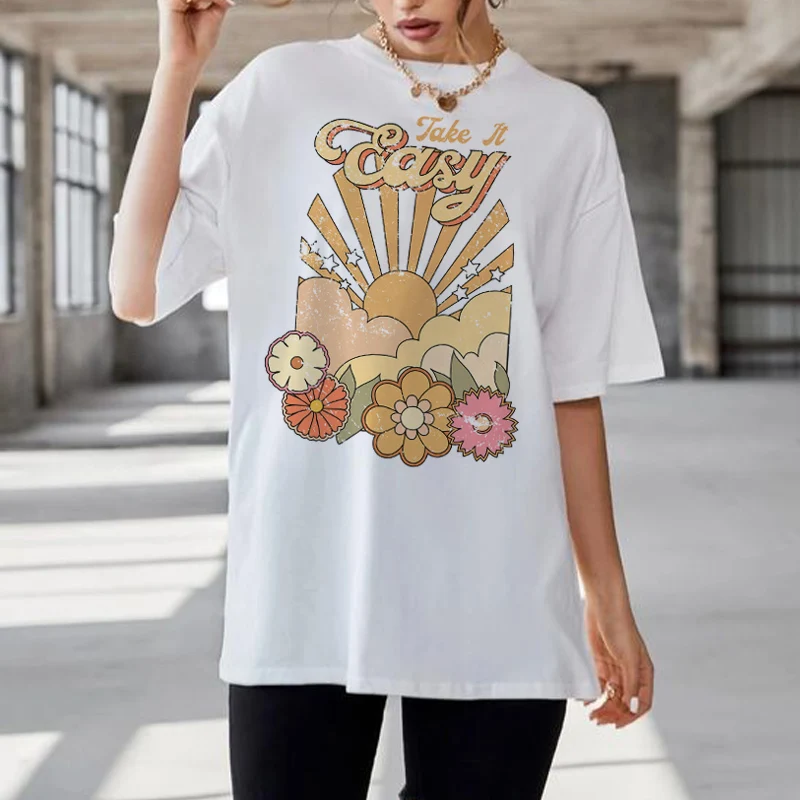 Take It Easy Women Floral Print 70s Retro Slogan T Shirt Vintage Boho Oversize Graphic Tshirt Aesthetic Tee Shirt Hippie Tops