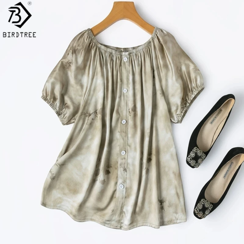 

Birdtree, 93% Real Silk 7% Spandex Blouse, Slash Neck Puff Sleeve Shirt, Women Plain Satin Loose Tops, 2026 Summer New T65615JF
