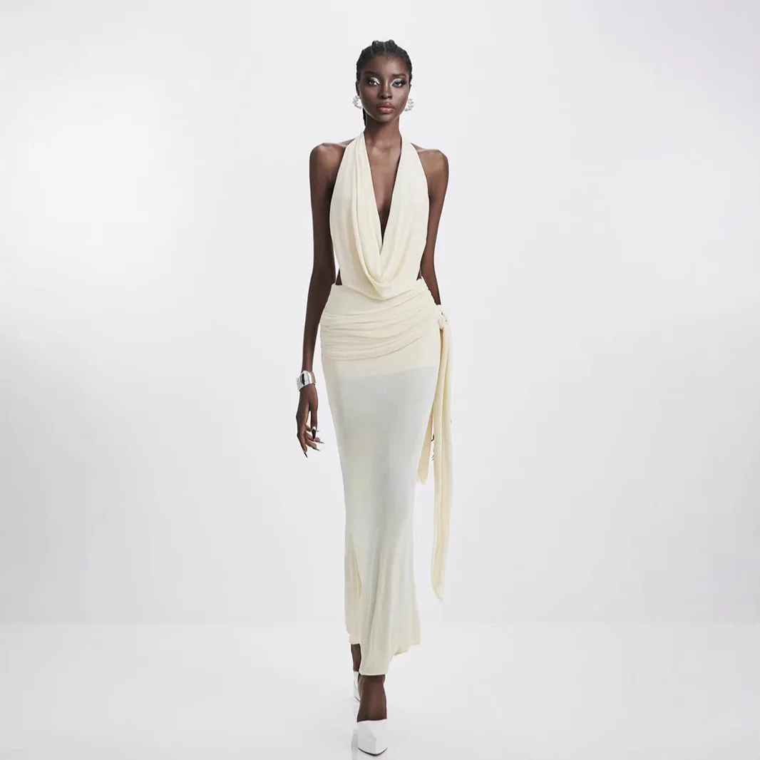 

Yellow Mesh Two Piece Sets Sexy Halter Swing Collar Backless Tops + High Waist Pleated Maxi Skirts Set Fashion Women's Suits