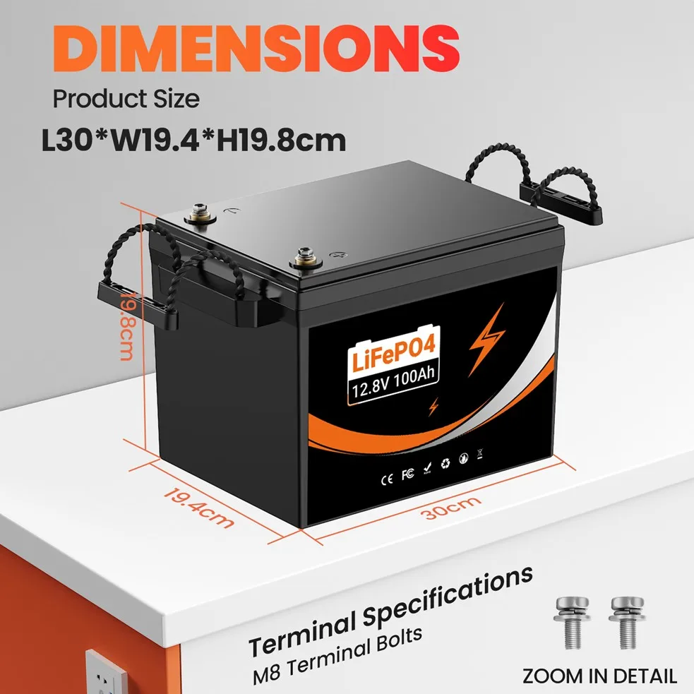 

Прочный аккумулятор LiFePO4 12 В, 100 Ач, литий-железо-фосфатный аккумулятор 12 В, встроенный BMS, длительный срок службы для мотоцикла, тележки для гольфа, лодки, UPS