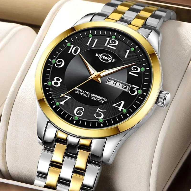 Men's Watch Stainless Steel Band Fashion Luminous Quartz Watch for Man Dual Calendar Male Clock Reloj Hombre Clock
