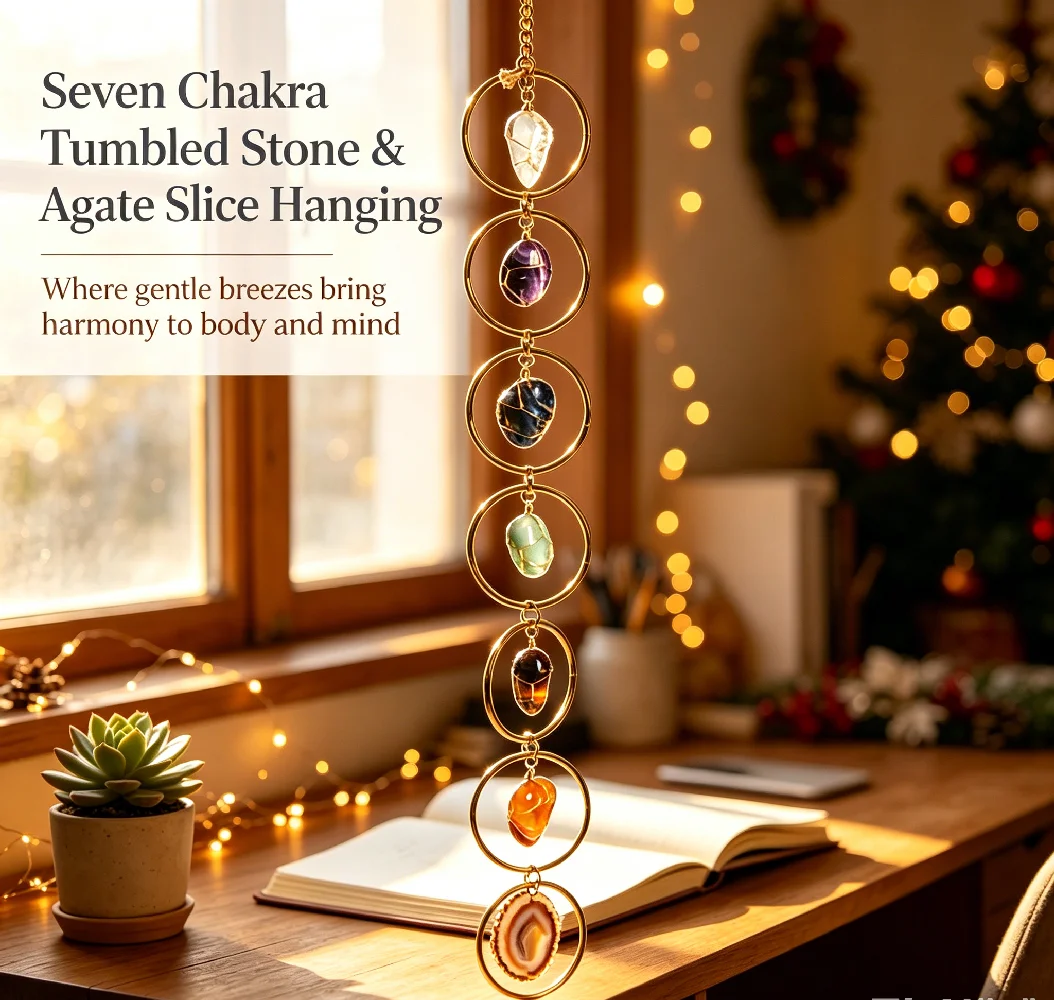 Seven Pulse Wheel Pendant Original Stone Rolling Stone Agate Piece Hanging Ornament Home /Festival Decor Gold&Silver Style