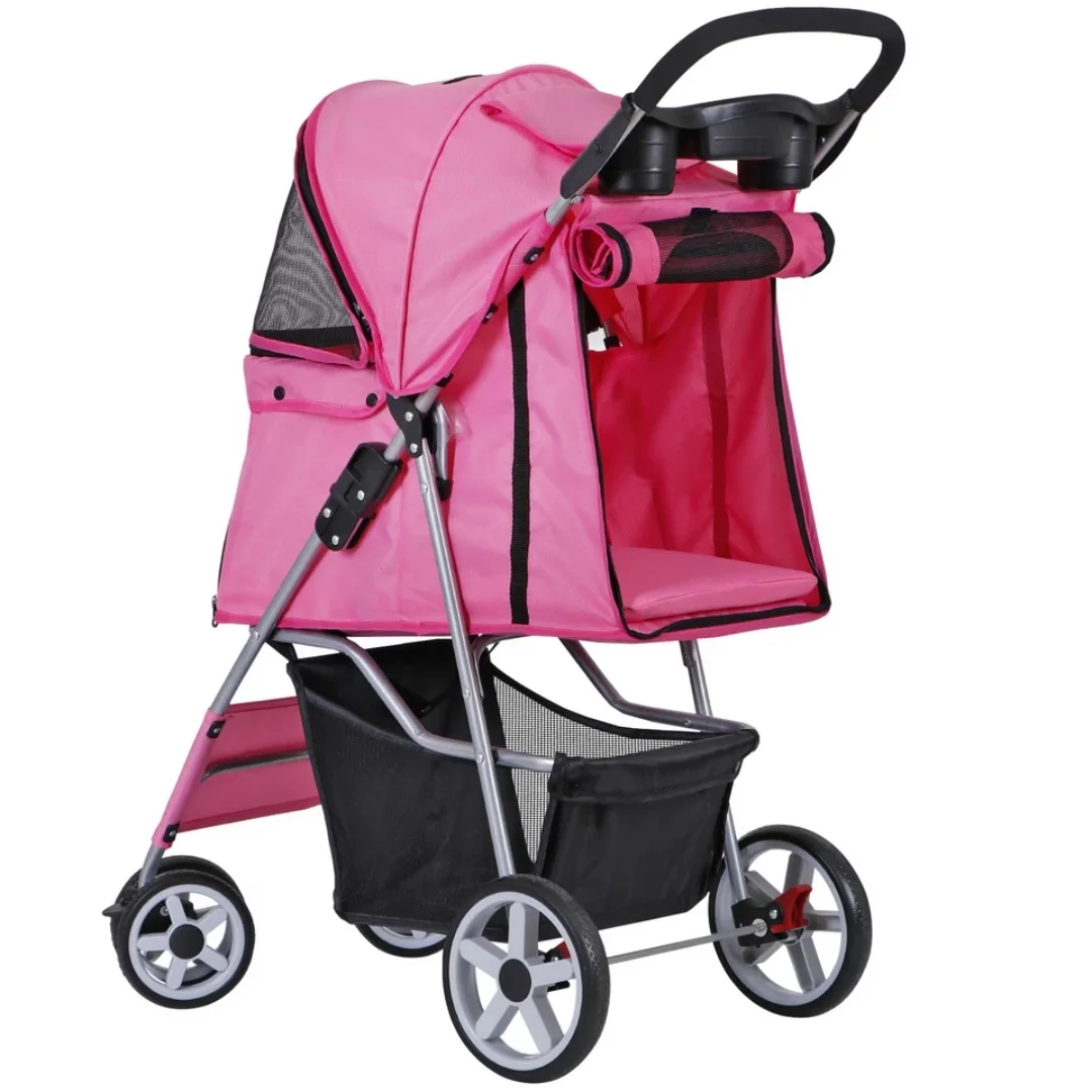 Dog Stroller 4-Wheels w/Storage Basket & Cup Holder Foldable Cat Pet Stroller - view 6