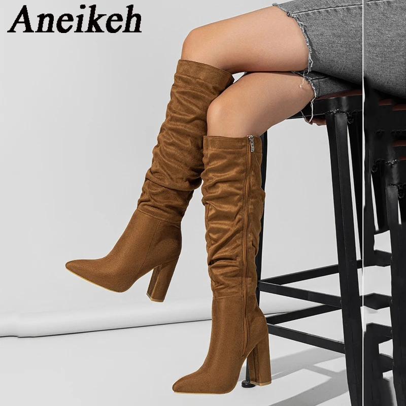 Aneikeh-Bottes western à couture plissée floquée pour femme, bottes hautes au genou, talon optique pointu, fermeture éclair, élégantes, fête et mariage, hiver 2024