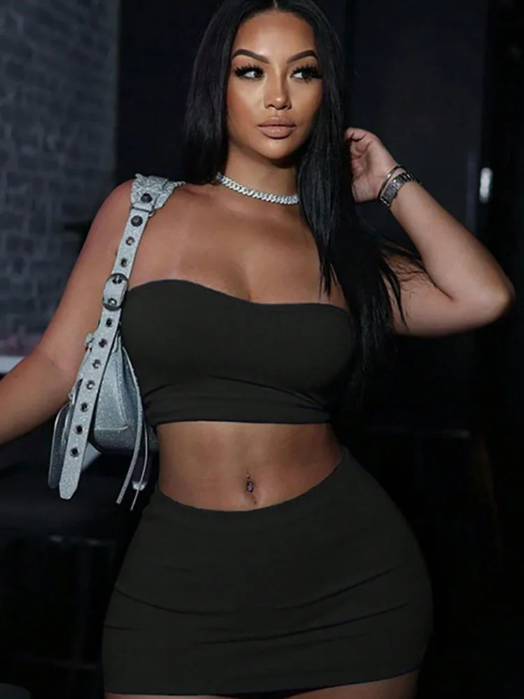 BKLD 2024 New Solid Color Chest Wrapping Crop Tops High Waist Bodycon Mini Skirt Two Piece Sets Outfits For Women Night Clubwear