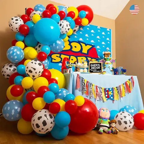 100 ชิ้น 4 ขนาด – ชุดซุ้มลูกโป่ง Toy Story เหมาะสําหรับเด็กผู้ชาย Story Baby Shower ตกแต่งธีม – ชุดพวงมาลัยบอลลูน Toy Story นําบอลลูน Toy Story เมฆและวัว เหมาะสําหรับอุปกรณ์งานเลี้ยงวันเกิด Toy Story ครั้งแรก
