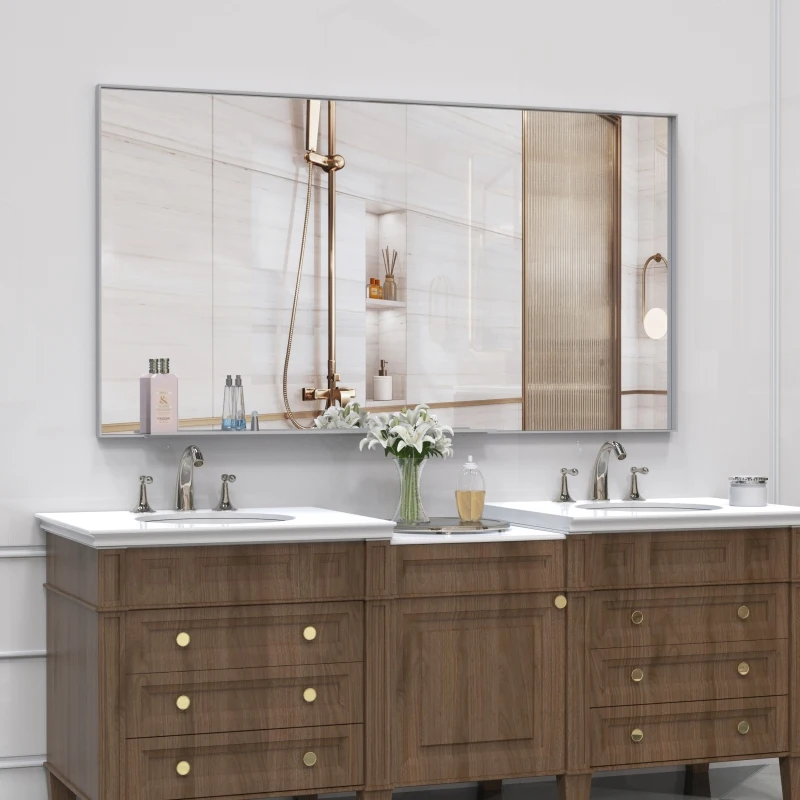 مرآة حمام مستطيلة حديثة كبيرة الحجم مقاس 55 × 30 مع إطار فضي ومرايا حائط كبيرة مزخرفة للحمام وغرفة المعيشة