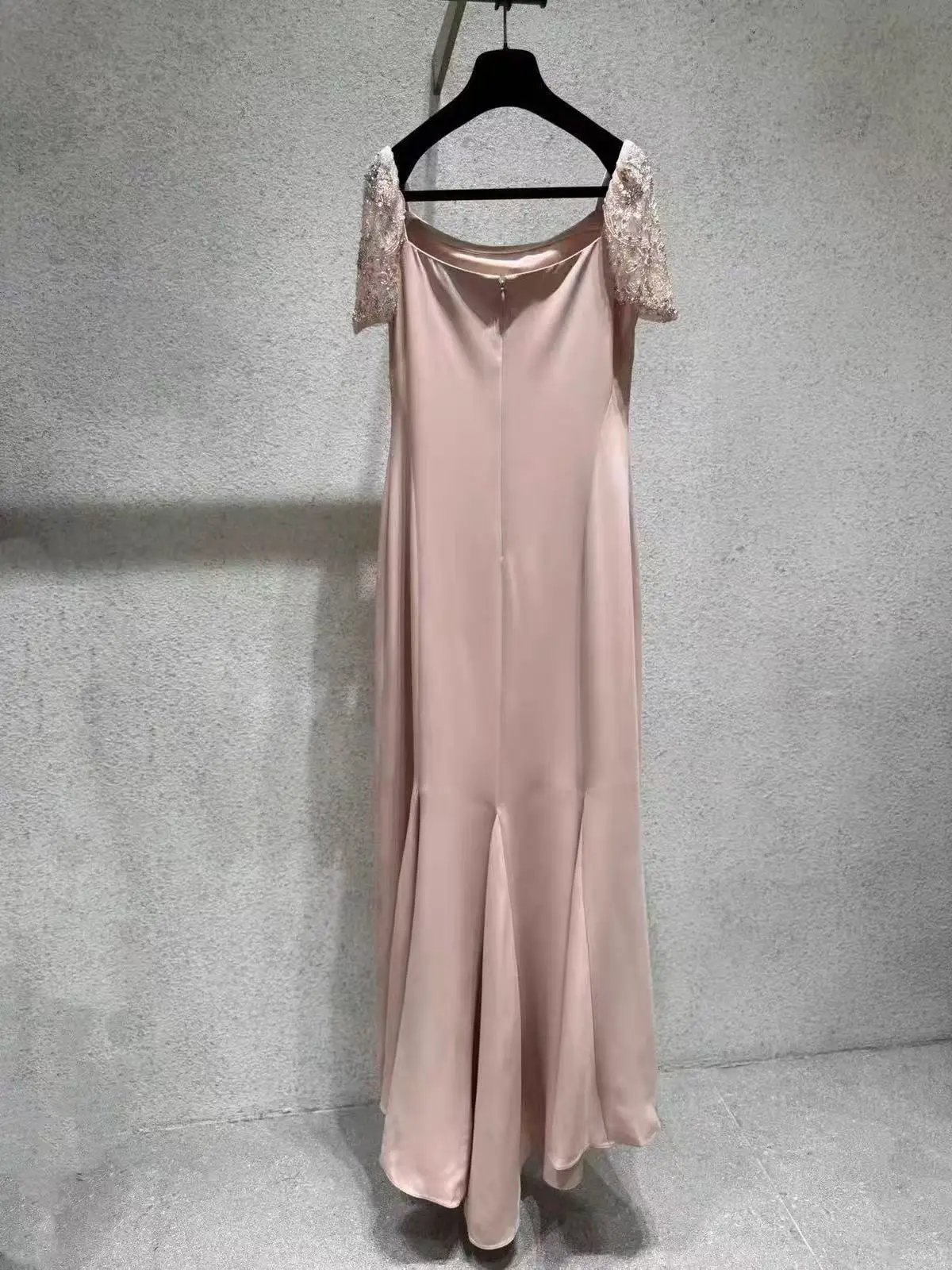 Luxury Blush Pink 100% Silk Dress For Women Off Shoulder Mesh Splice Beaded Embroidery Elegant Mermaid Long Evening Party Gown