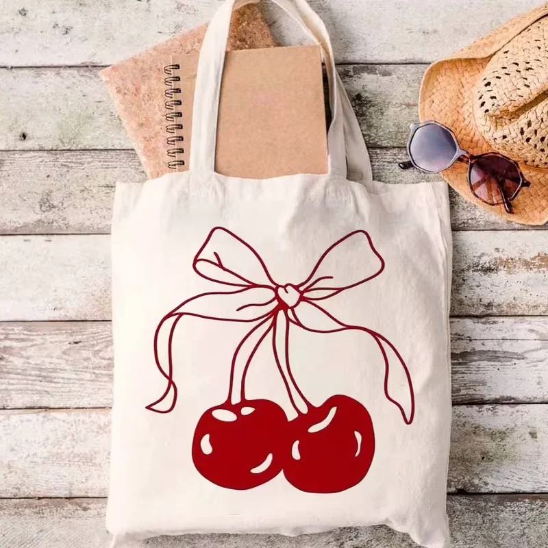 

Женская большая сумка с вишневым принтом — белая с красной вишней и зеленой надписью, прочная повседневная сумка через плечо, ручная сумка с мультяшным рисунком