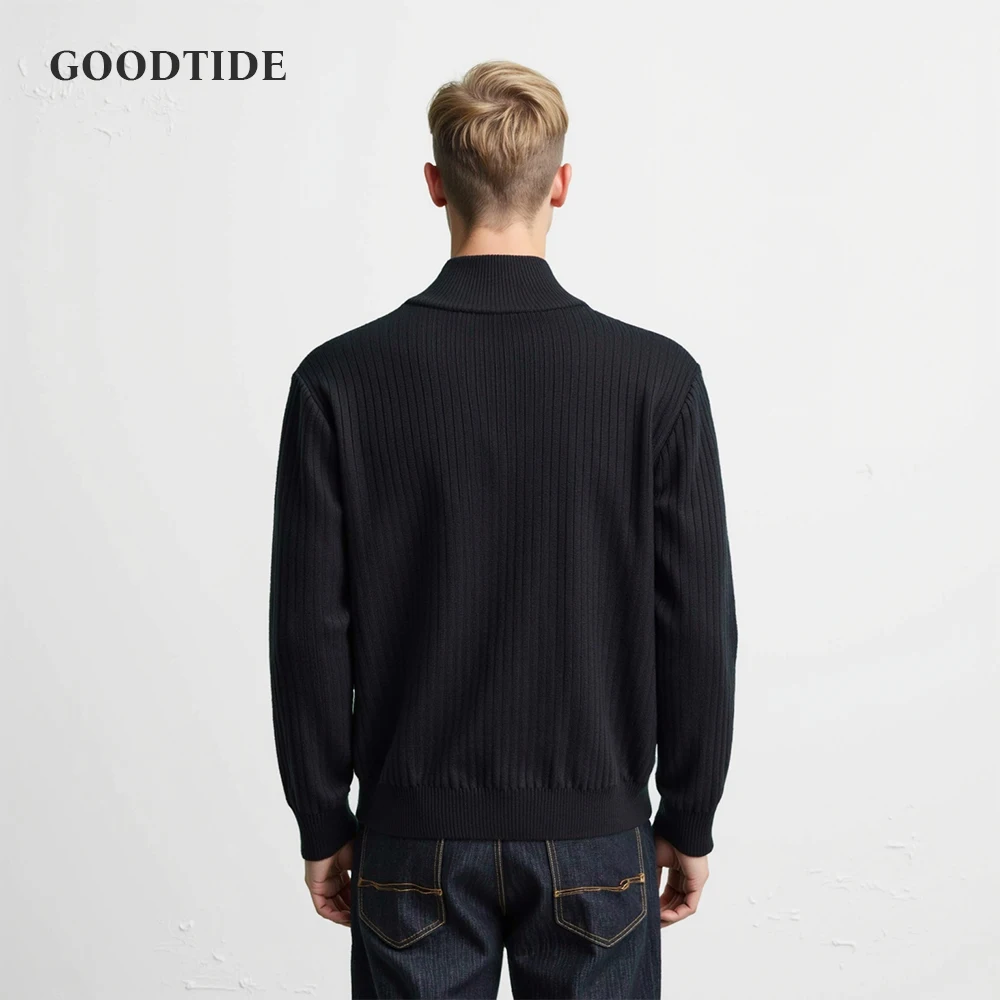 Fashion Men's Stand Collar Cardigan Knitted Sweater Autumn New Retro Zipper Vertical Stripe Long Sleeve Top Coat Men's Jacket