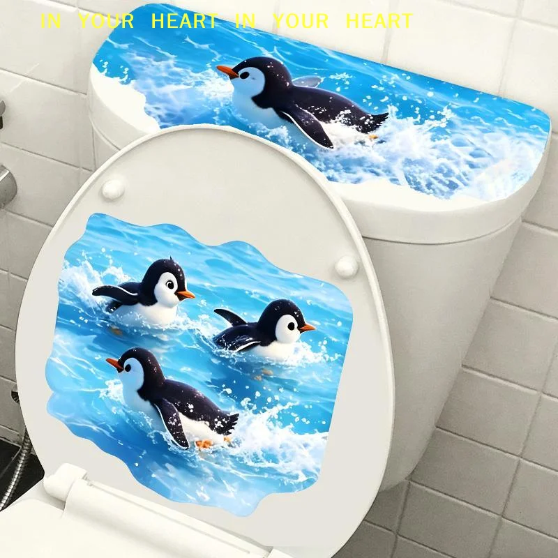 【X】Cute Swimming Penguin Toilet Sticker Waterproof Self Adhesive Removable Decal Bathroom Decor