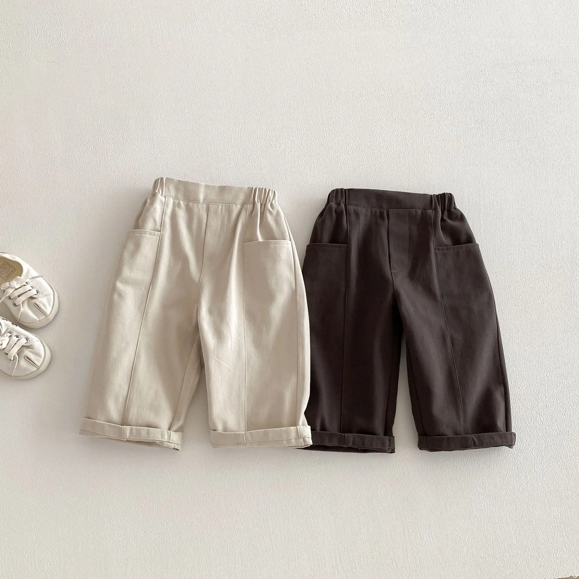 

2026 Spring New Children Loose Trousers Cotton Girls Simple Casual Pants Fashion Boys Pocket Pants Kids Toddler Clothes