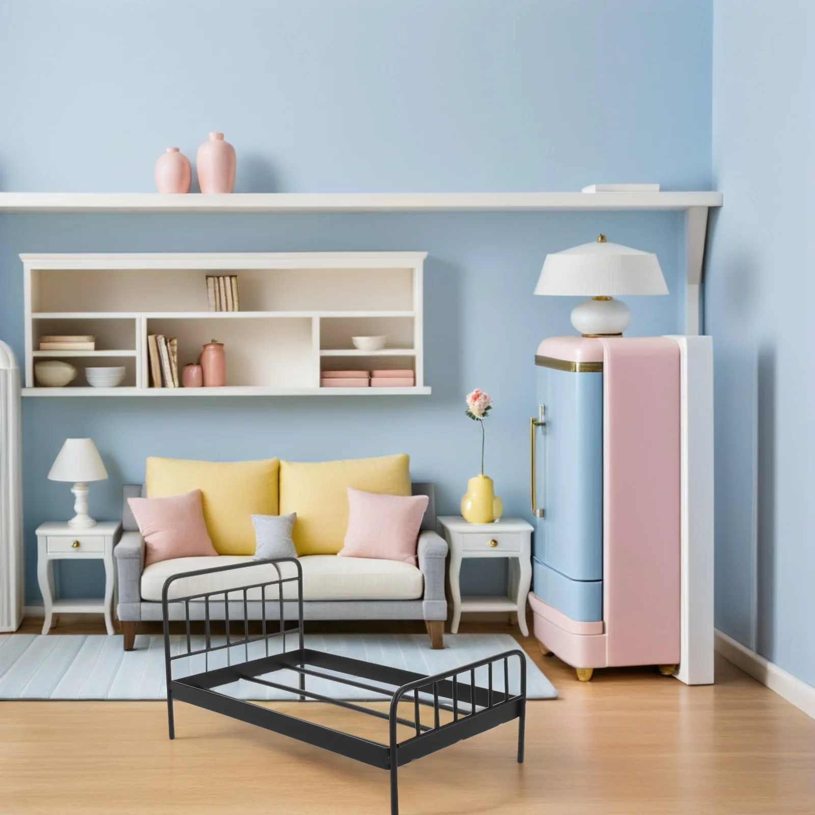 Letto in ferro per casa delle bambole in miniatura Letto a castello in metallo nero Decorazione per mobili per camera da letto per bambini Fai finta di giocare Puntelli per scenari