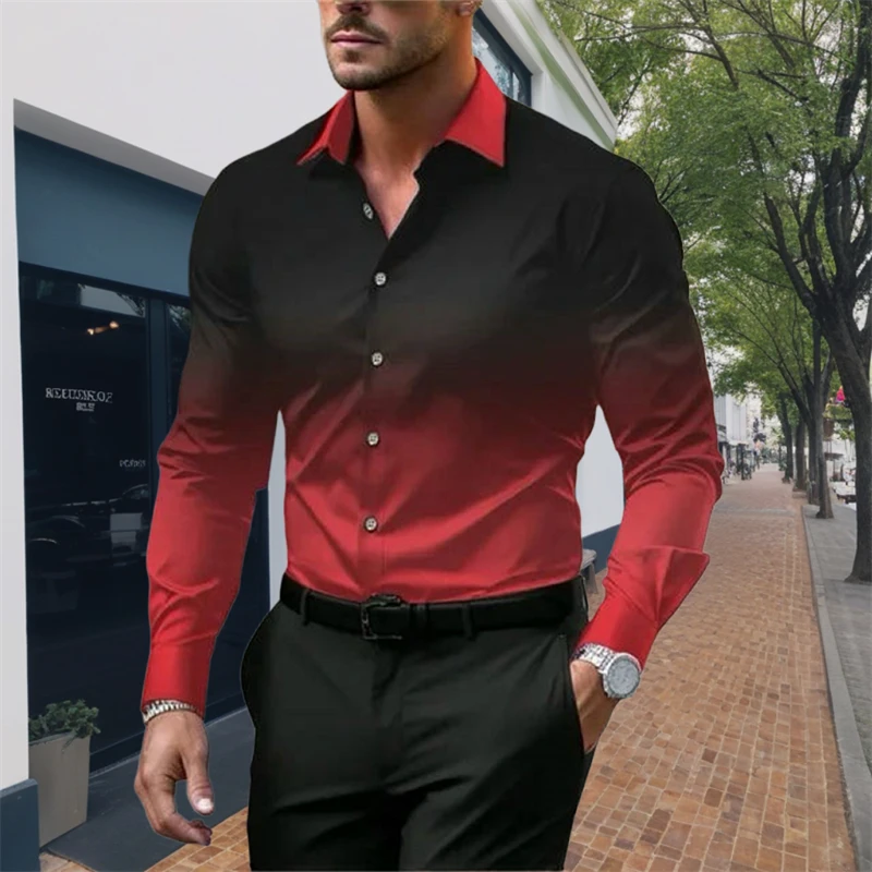 8 -color gradient men\'s new casual personality trendy men\'s long -sleeved 3D printed shirt large size shirt men\'s clothing