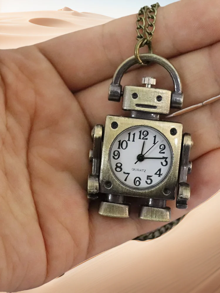Vintage robot kształt cyfry arabskie okrągła tarcza kwarcowy zegarek kieszonkowy wisiorek ozdobiony uroczym brelokiem do torby na imprezę — zdjęcie 2
