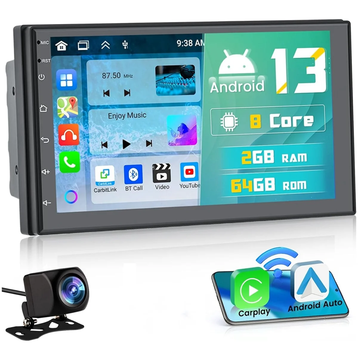 2+64G Android 13 Double Din Car Stereo with Wireless Carplay, 7 Inch Touch Screen Android Auto Car Radio GPS WiFi Camera