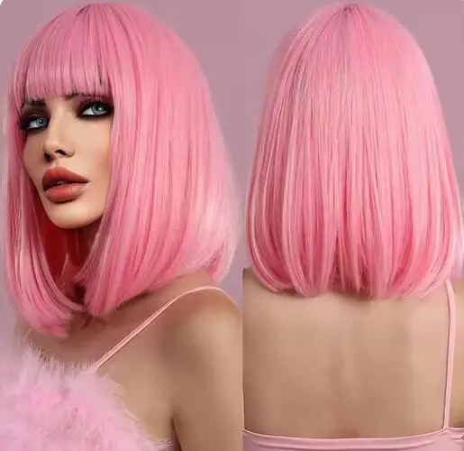 

NAMM Short Straight Pink Wig for Woman Daily Party Cosplay Lolita Wig Natural Synthetic Bob Wig with Bangs Heat Resistant Fiber