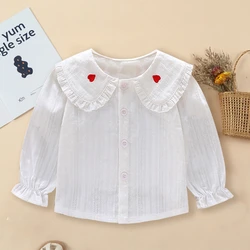 E-BAIHUI Doll Collar Shirts Children's White Cuffed Heart Embroidered ShirtSpring/Summer Solid Color Long Sleeved Fashion Top