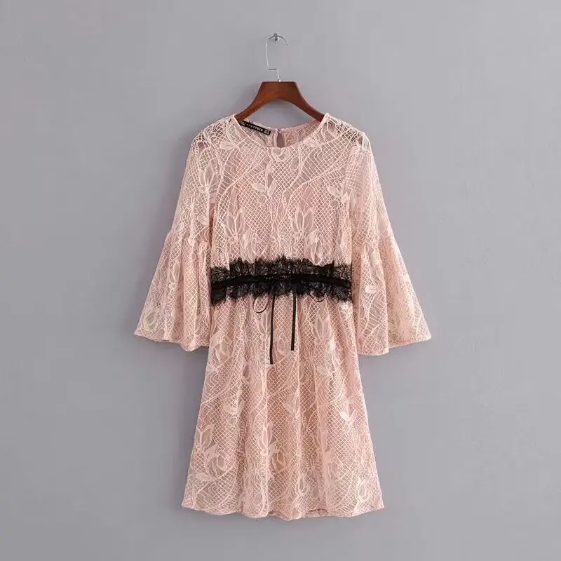 

Women's 2024 New Chic Temperament Fashion Bow Contrast Waist Lace Mini Dress Retro Cropped Sleeve Dress Vestidos Mujer