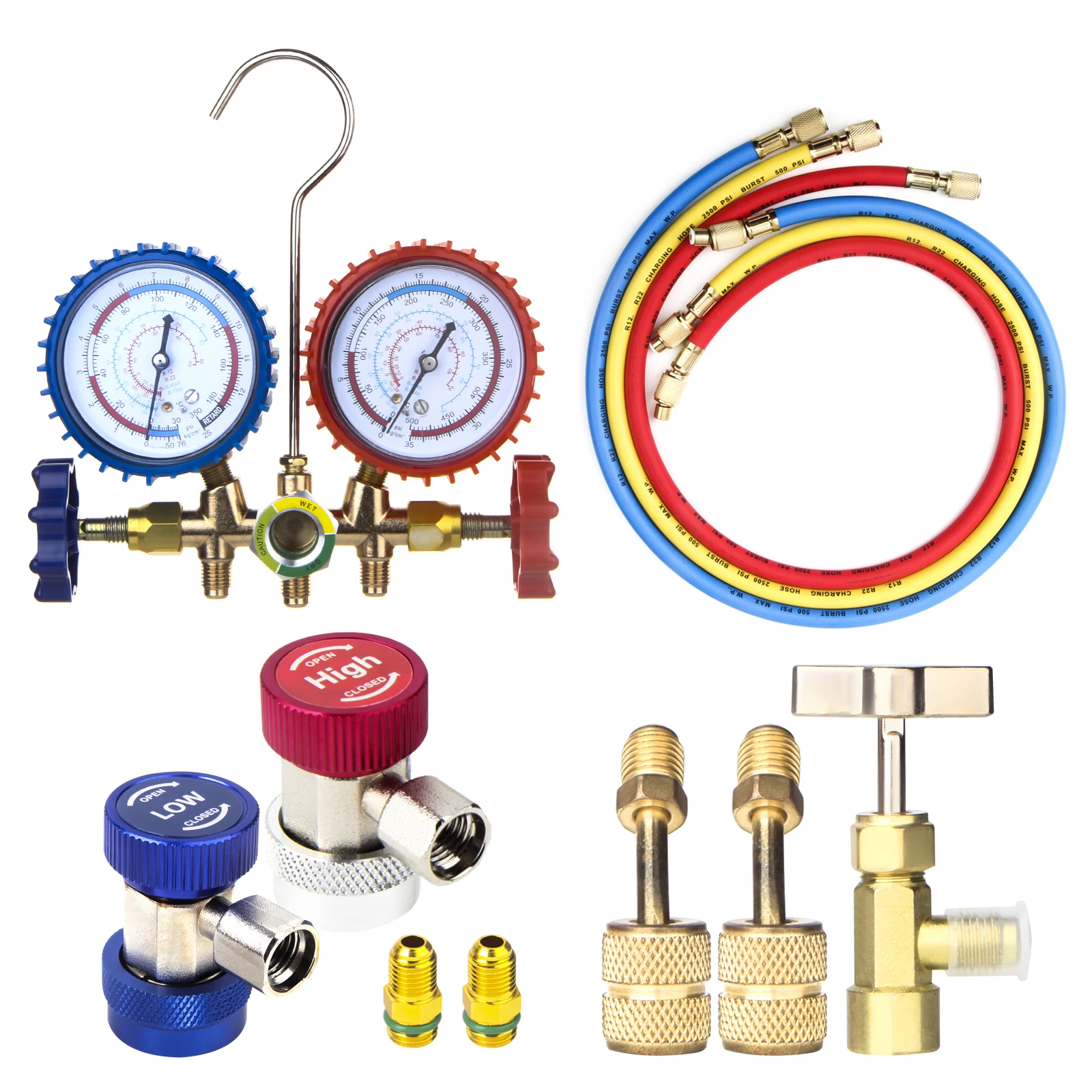 New Air Conditioning Pressure Gauge with Hose and Hook 3 Way AC Diagnostic Manifold Gauge Set for Freon For R12 R22 R404A R134a