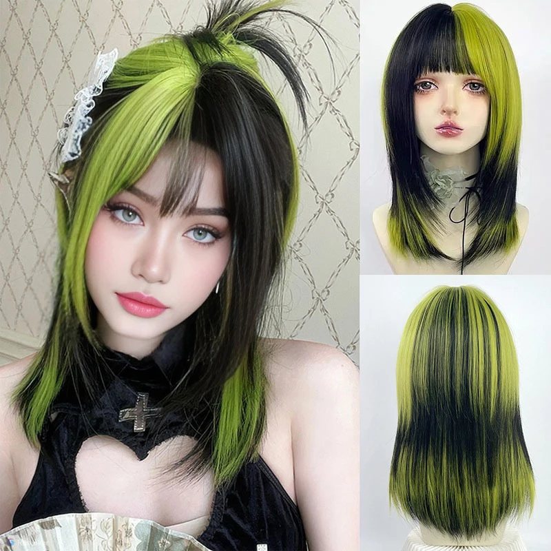 

LUPU Synthetic Cosplay Wig Lolita Wig Women's Halloween Costumes Straight Black and Green Mixed Color Head Wig for Cosplay Wear