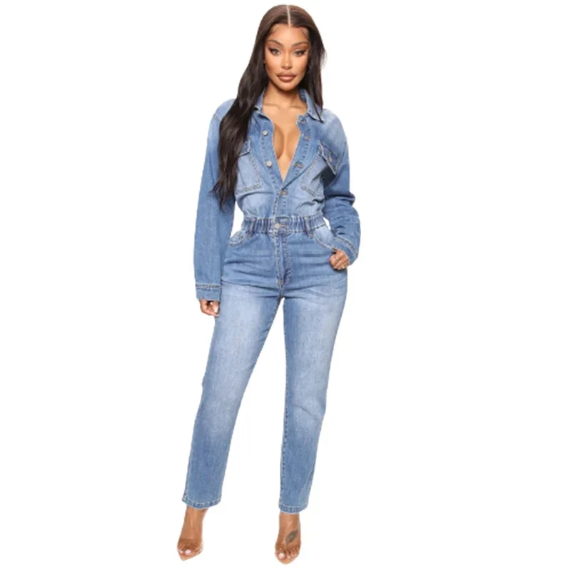 Women Chest Splicing Double Pocket Button Half-open Jumpsuit Stretch Pencil Jeans Lady Slim Fit Elasticated Waist Denim Rompers