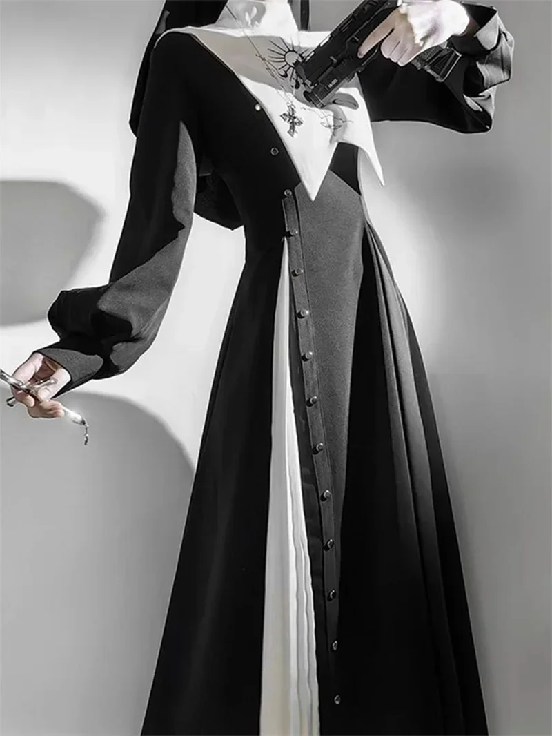 

Новинка 2025 года, костюм на Хэллоуин, комплект для косплея, платье монахини с длинными рукавами, черно-белое темно-готическое платье монахини Лолиты