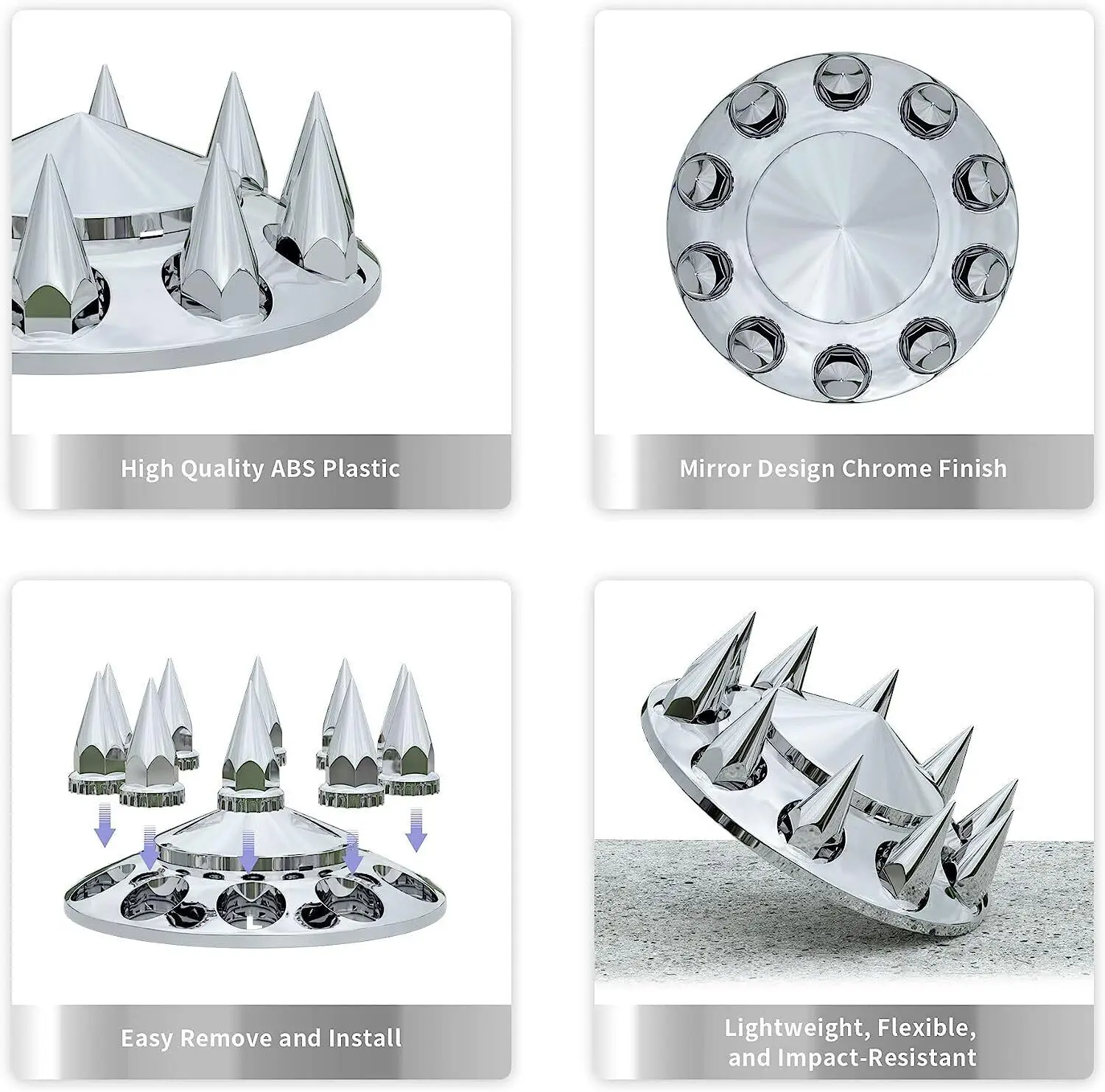 PINOMETAL Custom Chrome Removable Hub Caps Cover Kit 33mm Front Rear Semi Truck Wheel Axle Covers Spiked