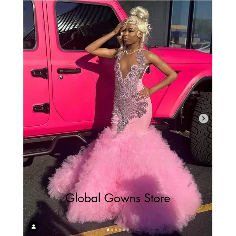 Luxe glitter kralen lange formele zeemeermin galajurken 2025, voor zwart meisje, strass ruches avondjurken op maat