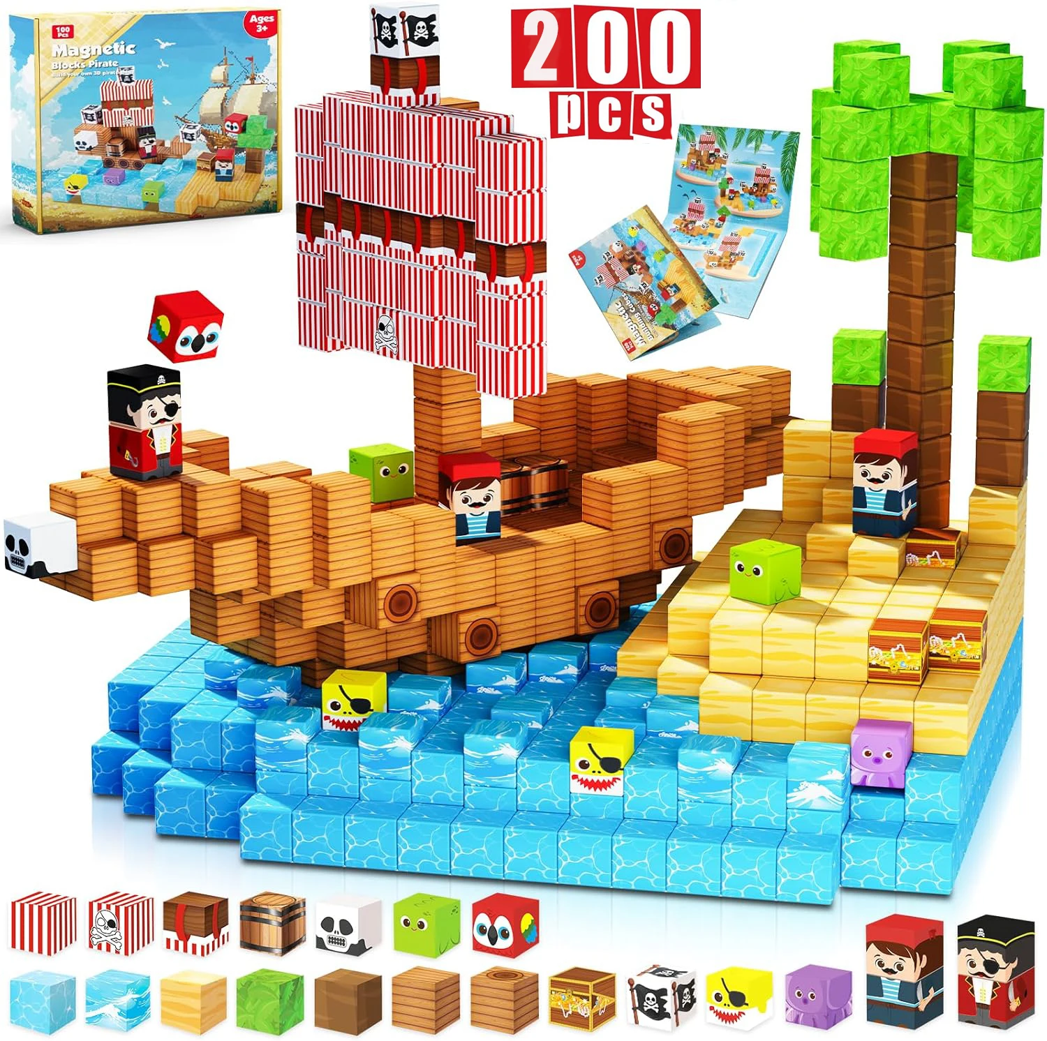 Magnetische Blöcke 200PCS Bauen Piraten Schiff Magnet Gebäude Cube Stapeln STEM Montessori Spielzeug Für Kinder Halloween Geschenk 100PCS