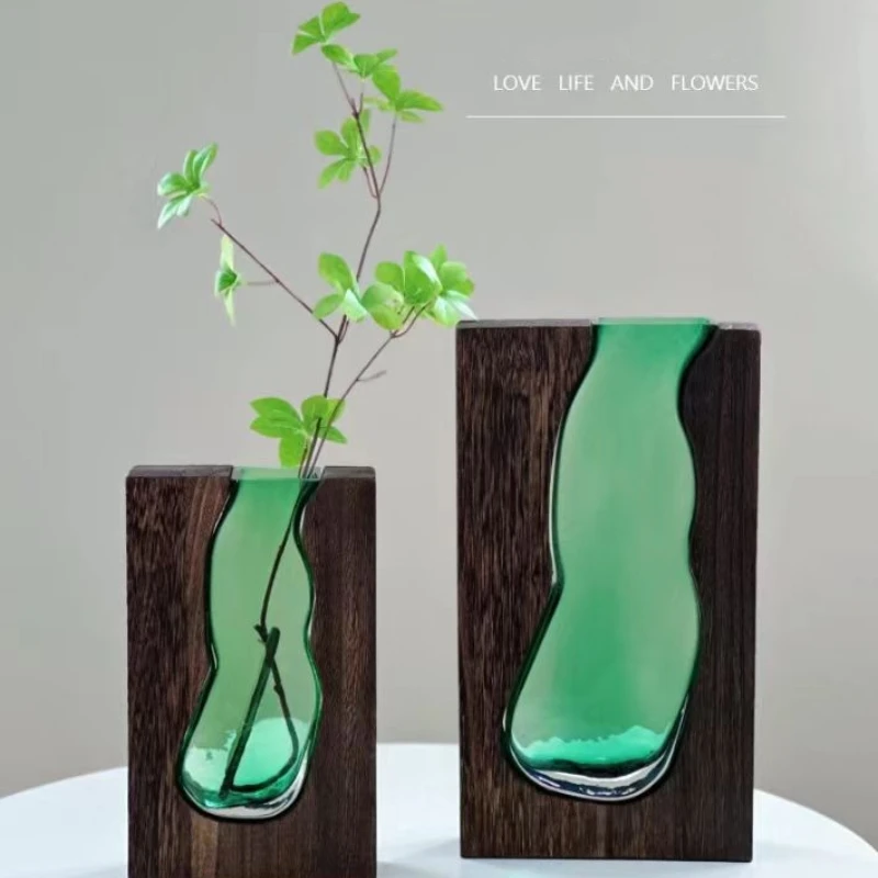 

Wooden Flower Hydroponic Green Plant Flowers Desktop Living Room Coffee Table Nordic Pastoral Style Log House Glass Vase