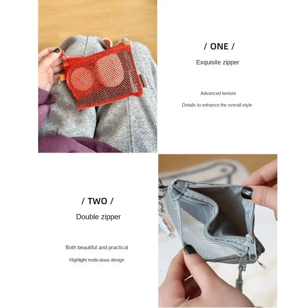 Bolsa de armazenamento de malha com zíper duplo, grande capacidade, economia de espaço, portátil, bolsa de moedas, camada dupla visível, mini bolsa de maquiagem, cartão