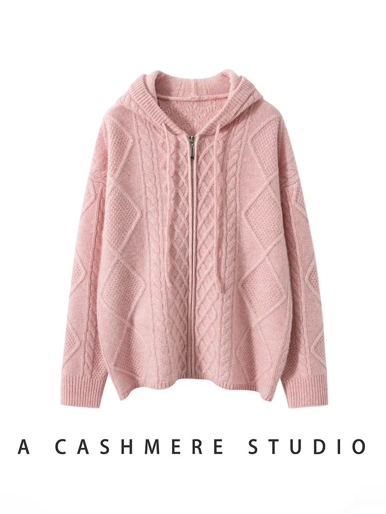 Damski sweter kaszmirowy 100%, gruby, z dzianiny w warkocze, rozpinany na zamek z kapturem, jesienno-zimowy, wysokiej jakości, kaszmirowa odzież dzianinowa, codzienna bluzka.