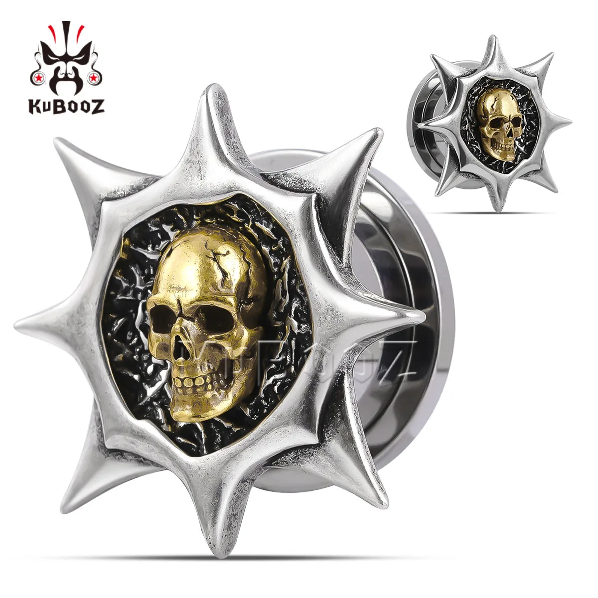 

KUBOOZ Stainless Steel Hypoallergenic Vintage Spiked Skull Ear Tunnels, Plugs & Stretchers 2PCS Ear Piercing Jewelry