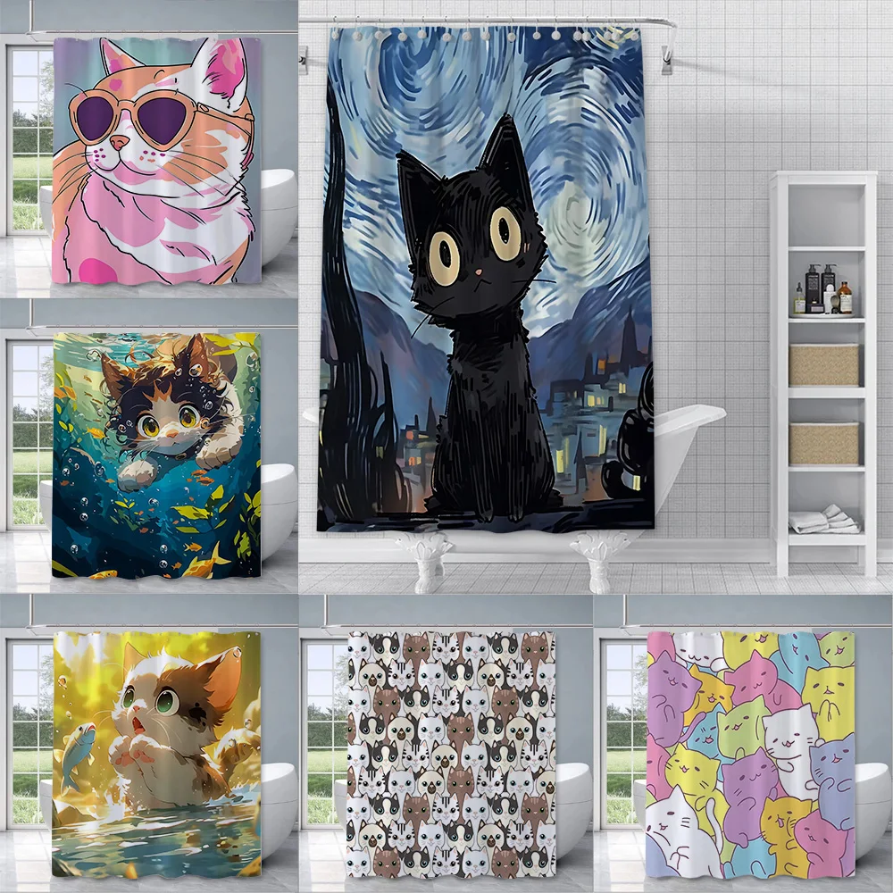 

Cute Cat Printed Shower Curtain Waterproof Polyester Fabric Paint Colorful Bath Curtains Home Bathroom Decor Curtain With Hook