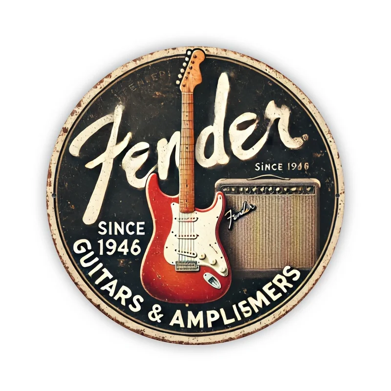 Vintage Fender Guitars & Amplifiers Metal Tin Sign, Retro Since 1946 Electric Guitar Circular Wall Decor Plaque, Classic Music S view 4