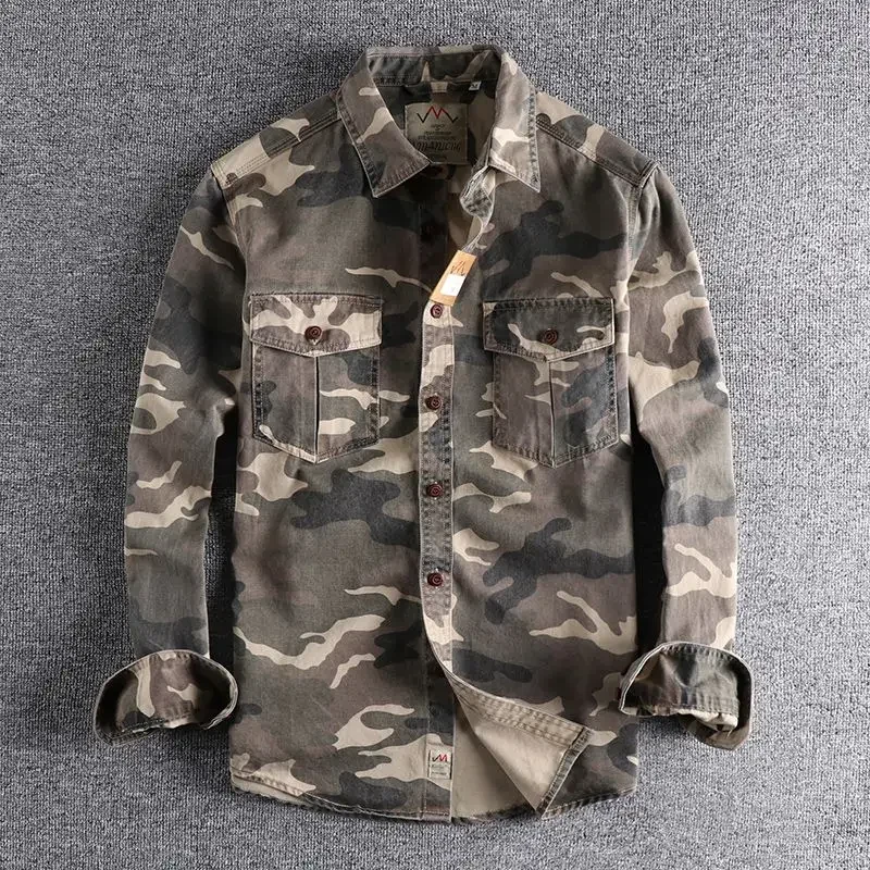 Trendy Washed Camouflage American Style Overalls Long Sleeve Shirt Man Pair Pocket Versatile Casual Military Youth Top