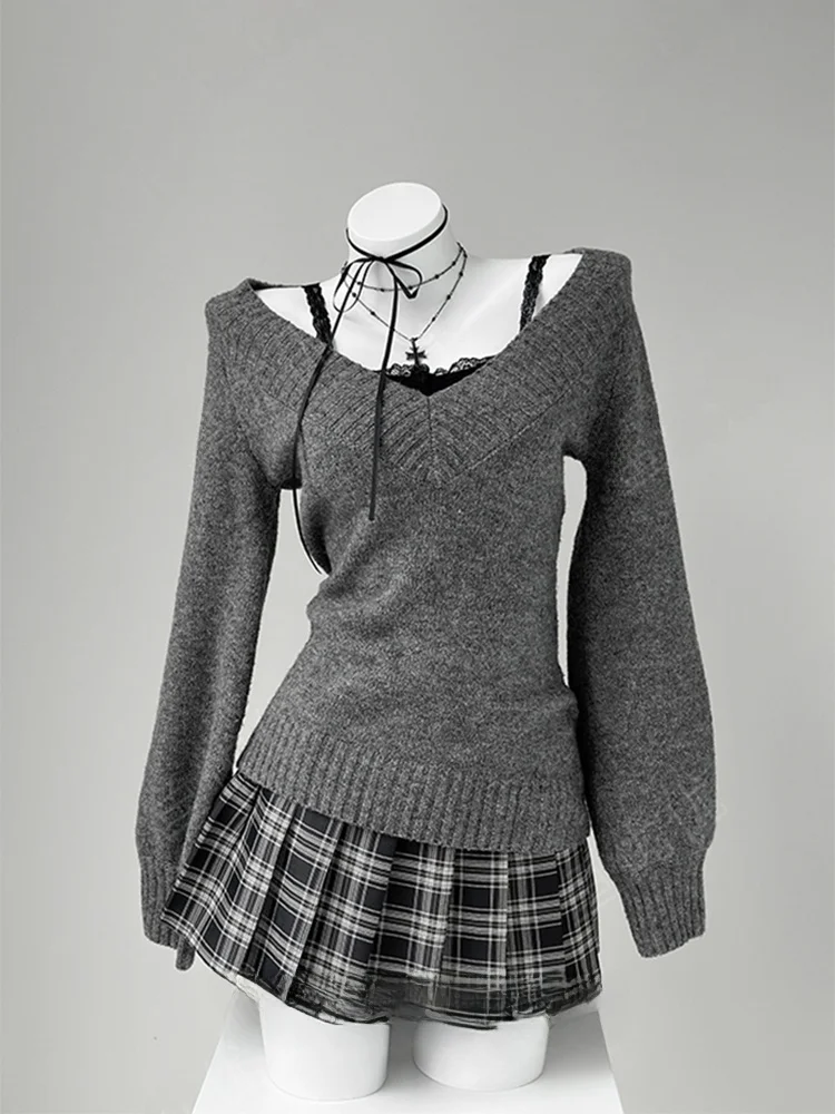 

Autumn Winter Women's Slim Fit V-Ne Knitwear Waist-Cinching Faionable oulder-Baring Long Sve Polyester Fiber Sweater